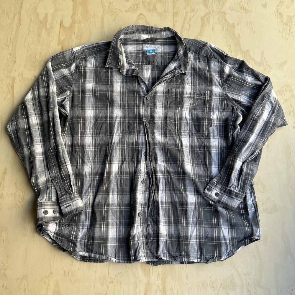 Columbia Shirt Mens 2XL Gray Plaid Long Sleeve Button Up Stretch Casual Outdoor
